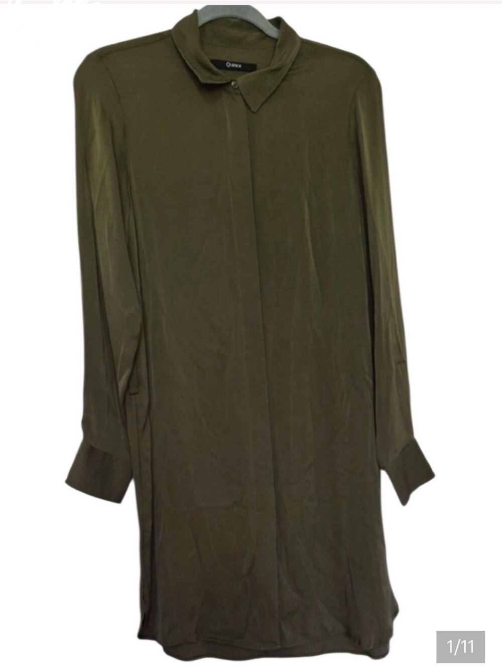 Quince Size Medium Olive Green Silk Blend Shirt Dress Long Sleeve